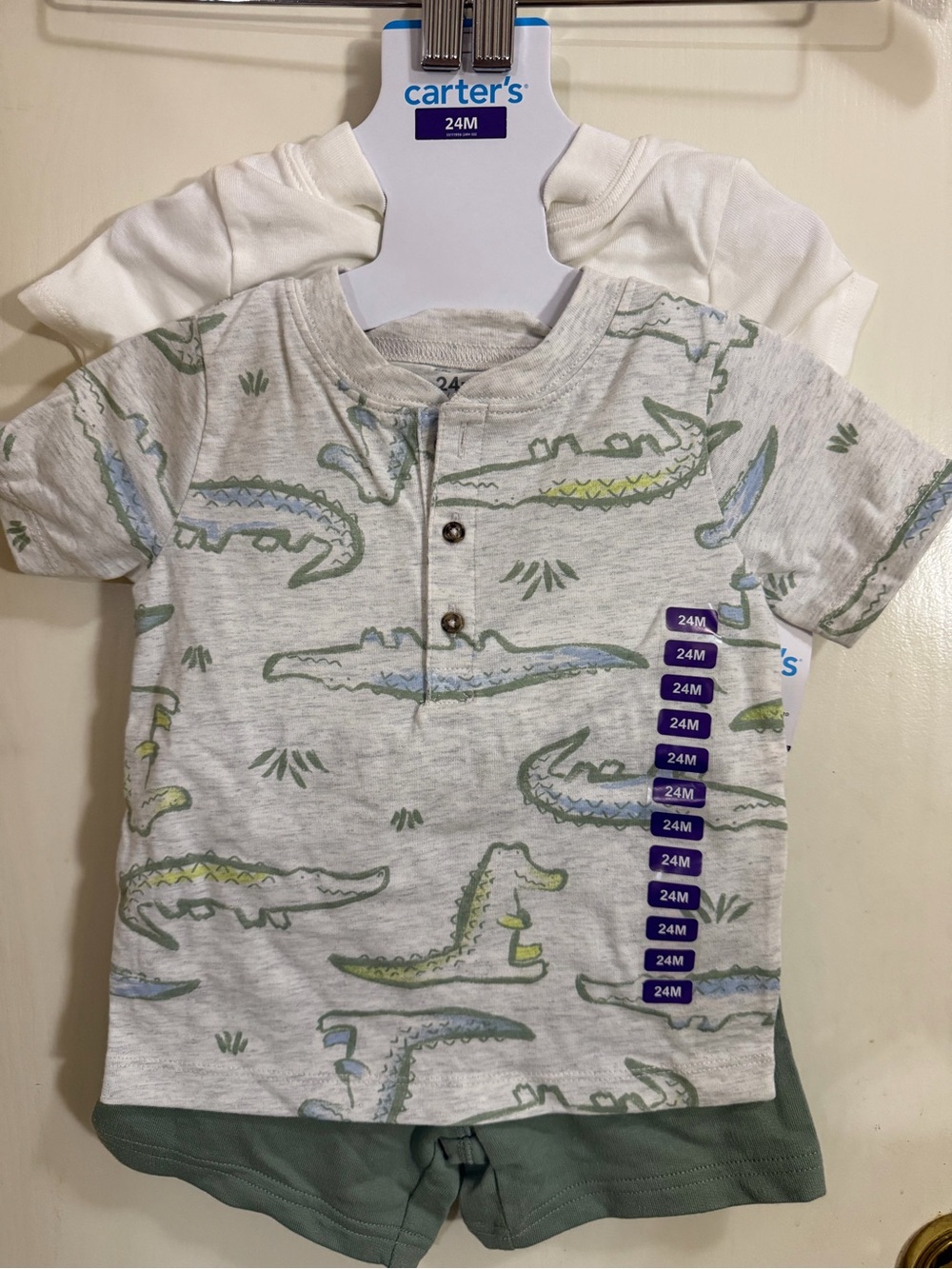 Carter's 3 piece set Light Gray Crocodile Print Henley Tee - Green Accents (180)